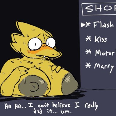 the weaver, alphys, undertale (series), lizard, monster, reptile, scalie, anthro, big breasts, big nipples, blush, bodily fluids, breasts, dialogue, embarrassed