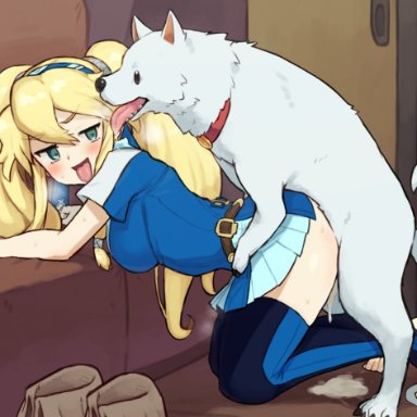 chiwino, clarissa arwin, tony (wild arms), wild arms, canid, canine, canis, domestic dog, human, mammal, 4 toes, 5 toes, accessory, all fours, ambiguous penetration