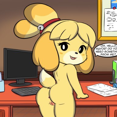jhussethy, isabelle (animal crossing), animal crossing, nintendo, canid, canine, canis, domestic dog, mammal, shih tzu, toy dog, anthro, anus, areola, butt
