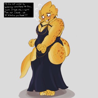 red breadd, alphys, undertale (series), humanoid, lizard, reptile, scalie, anthro, belly, big breasts, big butt, breasts, butt, cleavage, clothed