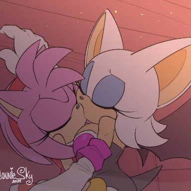 conniesky3, amy rose, rouge the bat, sega, sonic the hedgehog (series), bat, eulipotyphlan, hedgehog, mammal, accessory, against surface, against wall, anthro, armor, armwear