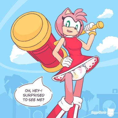 baggashame, amy rose, sega, sonic the hedgehog (series), chao (sonic), eulipotyphlan, hedgehog, mammal, 5 fingers, accessory, anthro, black nose, black text, blue sky, boots