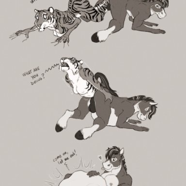 dragoneater, hynder (dragoneater), ysabel (achilles4), equid, equine, felid, horse, mammal, pantherine, tiger, abdominal bulge, all fours, anal, anal vore, anthro