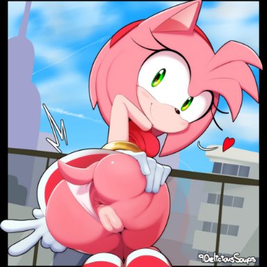 delicioussoup, amy rose, sega, sonic the hedgehog (series), eulipotyphlan, hedgehog, mammal, accessory, anthro, anus, bent over, big eyes, boots, bracelet, butt