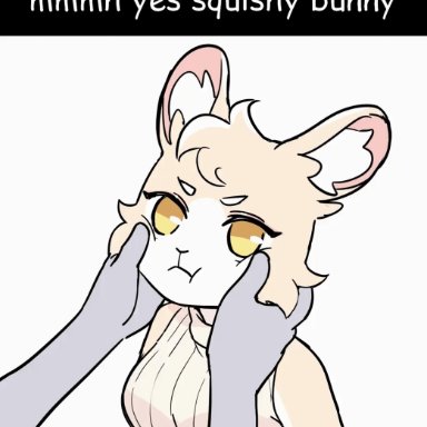 akibun, lagomorph, leporid, mammal, rabbit, anthro, clothing, duo, face squish, female, fur, inner ear fluff, looking at another, mostly offscreen character, multicolored body