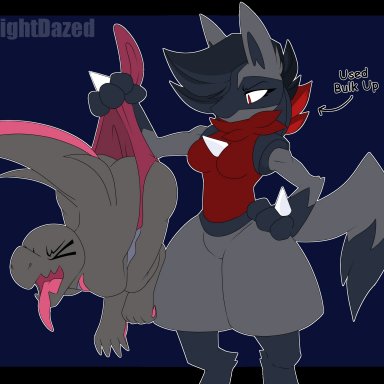 nightdazed, fan character, ms. dazed, nintendo, pokemon, generation 4 pokemon, generation 7 pokemon, lucario, mammal, pokemon (species), salazzle, scalie, ambiguous gender, angry, anthro