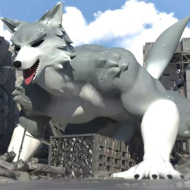bigkami, sound warning, blender (software), canid, canine, canis, mammal, wolf, all fours, anthro, building, building destruction, building penetrated, building sex, city