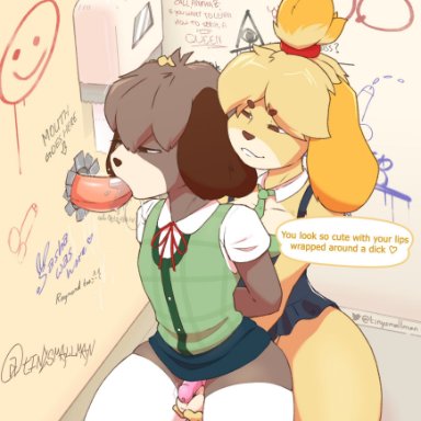 tinysmallman, digby (animal crossing), isabelle (animal crossing), animal crossing, nintendo, canid, canine, canis, domestic dog, mammal, shih tzu, toy dog, accessory, anthro, assisted fellatio