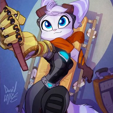david lillie, rivet (ratchet and clank), ratchet and clank, sony corporation, sony interactive entertainment, lombax, mammal, annoyed, anthro, blue eyes, breasts, clothed, clothing, cybernetic arm, cybernetic limb