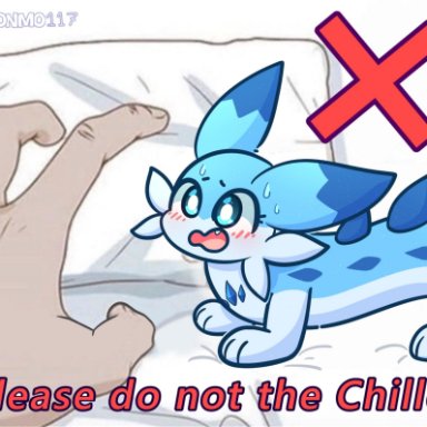 projjonmo, palworld, please do not the cat, pocketpair, chillet, human, mammal, pal (species), 3 toes, ambiguous gender, back spikes, bed, bed sheet, bedding, blue body